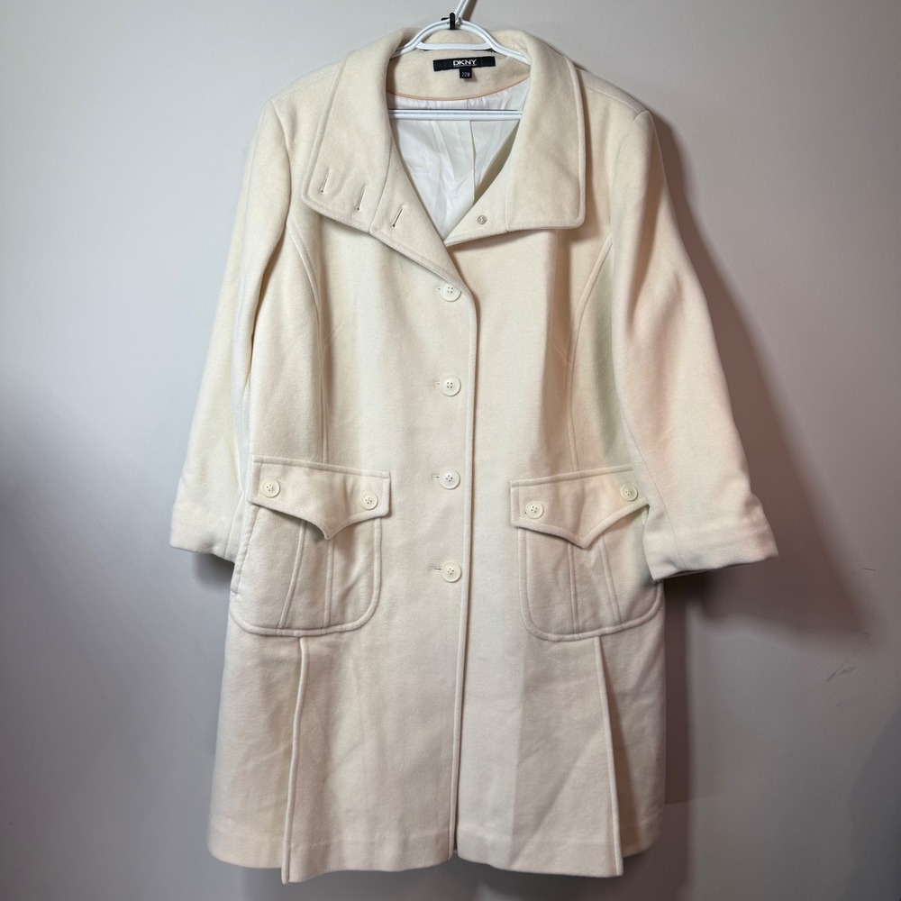 DKNY Wool Cashmere Coat Women 22W Cream Great Button Front Mid-Length Pockets